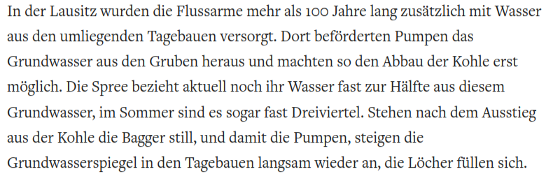 Wir retten das Klima, indem wir den Braunkohle-Tagebau einstellen. So habe ich es über Jahre gehört. Und jetzt stellt man fest, daß dann die Spree u der Spreewald mit Trockenheit zu kämpfen haben wird. Aber immer weiter mit den Eingriffen in komplexe Natursysteme!
#Klimahysterie