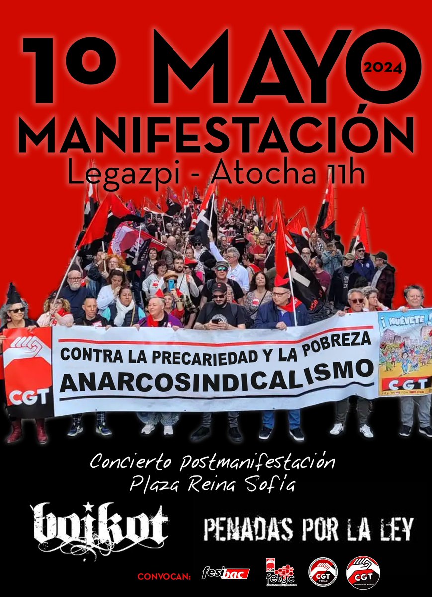 #manifestacion <a href="/SFFCGT/">CGT Sector Federal Ferroviario</a>  <a href="/CGT/">CGT</a>
<a href="/cgttcmadrid/">CGT Transportes Madrid</a> <a href="/CGTfesibac/">FESIBAC-CGT</a> <a href="/CGTFEHAC/">FEHAC CGT 🔴 ⚫ ⚒️</a> <a href="/fetyccgt/">Fetyc</a>  <a href="/BOIKOTBAND/">BOIKOT</a>
<a href="/PENADASPORLALEY/">Penadas Por La Ley</a> Las únicas soluciones reales se consiguen en las calles. El #1deMayo debemos apoyar la manifestación. Viva #anarcosindicalismo