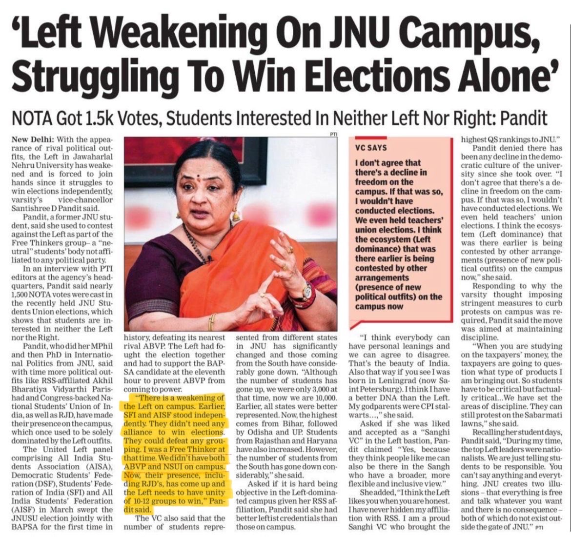 NOTA on all posts combined were around 1.5k. At least JNU VC should stand on facts. JNU gave overwhelming support to ABVP, as our vote % grew to about 40%. ABVP will win all 4 seats in the upcoming JNUSU elections. #ABVP
