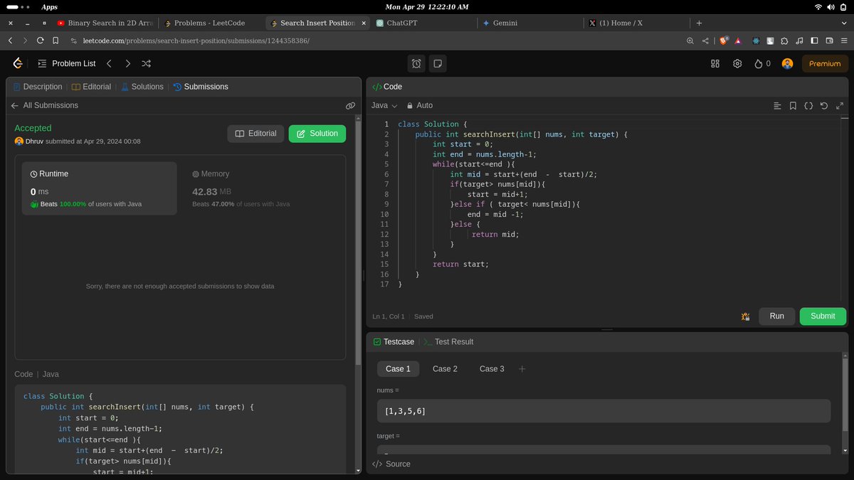 dhruvverma____'s tweet image. This Day 04/100 of 100 days of #competetiveprogramming challenge i've solvd 4 problems 35,240,74 and 704, although its going as night challenge instead of day challenge😂. whatever it is, big thing is i'm enjoying it now.. #100daysofcodechallenge #coding #programming #Java