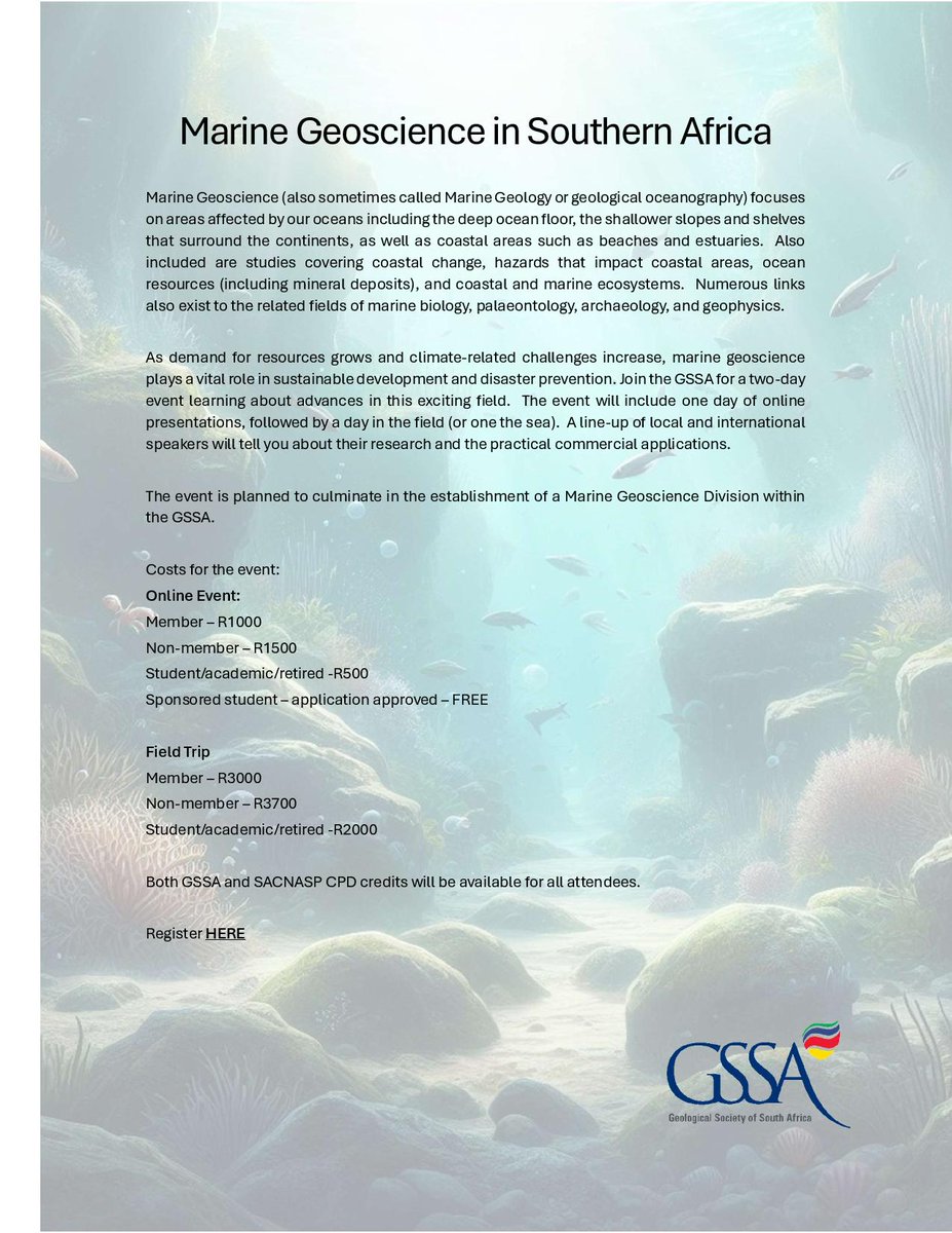 Marine Geoscience in Southern Africa - 26-27 July 2024
Register here: cognitoforms.com/GeologicalSoci…

#geotwitter #gssa