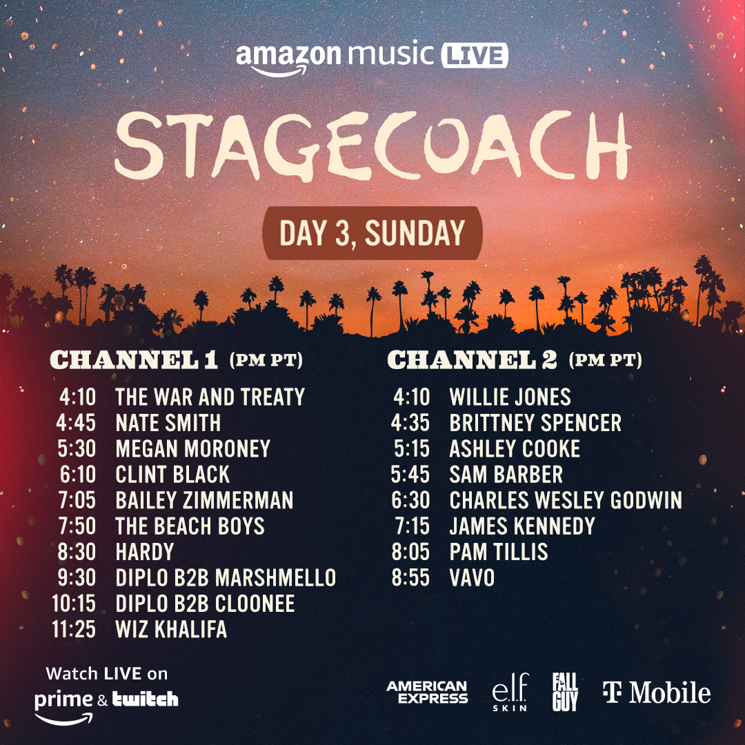 All fired up for Day 3 🙌🔥 Watch @stagecoach’s livestream today on @primevideo and the @amazonmusic Twitch channel CHANNEL 1: twitch.tv/amazonmusic CHANNEL 2: twitch.tv/primevideo