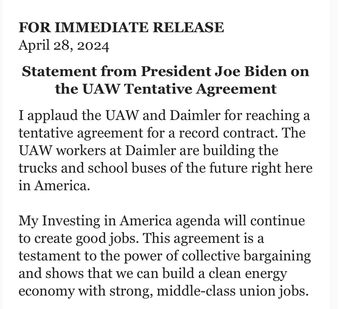 .@JoeBiden praises @UAW and Daimler on contract deal: “This agreement is a testament to the power of collective bargaining and shows that we can build a clean energy economy with strong, middle-class union jobs.”