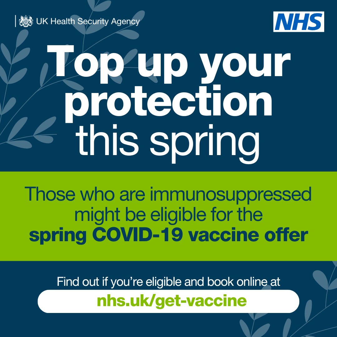 If you’re immunosuppressed you might be eligible for the spring COVID- 19 vaccine! Find out if you’re eligible and book here: nhs.uk/get-vaccine