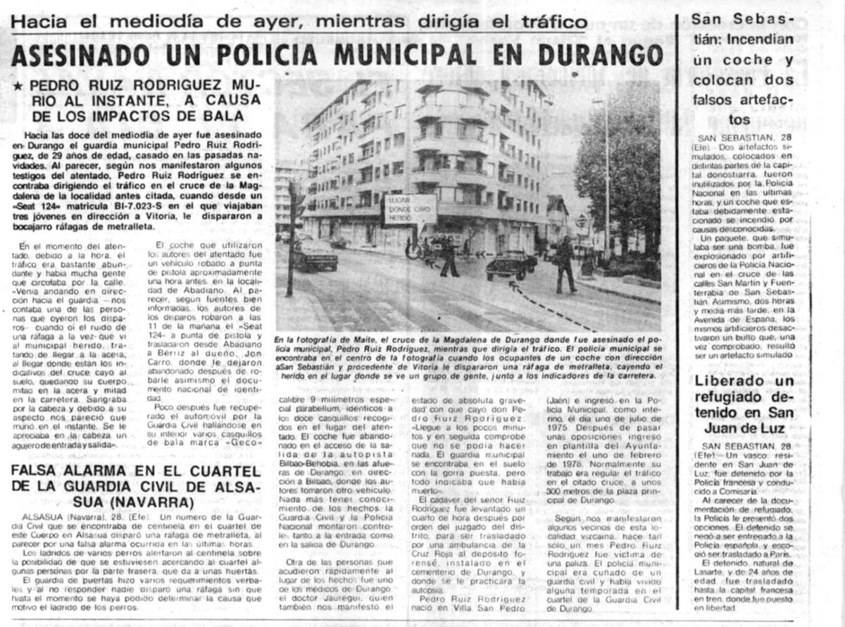 Hoy, ETA asesinó al Policía Municipal de Durango PEDRO RUÍZ. Recién casado, con 29 años y toda una vida por delante. Otegi, Otxandiano y la exalcaldesa de Bildu no condenan su asesinato. Por el y por tantas vidas rotas he hecho que pierdan la alcaldía de Durango #INMEMORIAM🌹