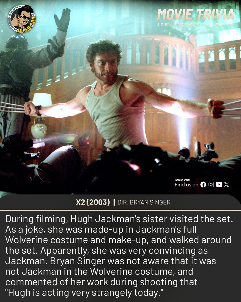 Movie trivia: X2 (2003)

#JoBloMovies #JoBloMovieNetwork #MovieTrivia #HughJackman #BryanSinger