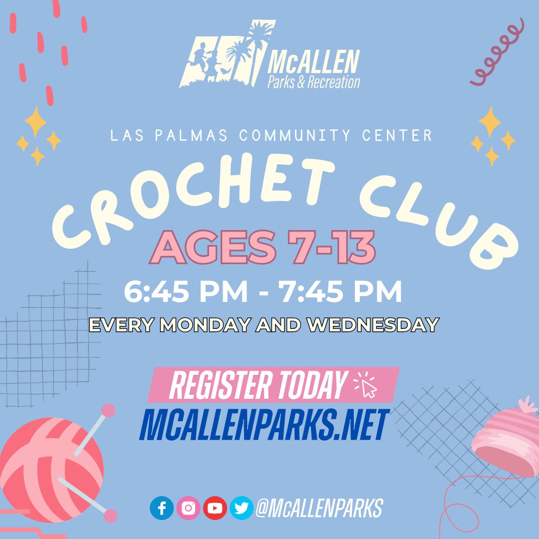 Join us as we continue to learn advanced stiches and projects! This advanced crochet club will focus on making big projects such as blankets, cardigans, sweaters, and more.🧶✨ Register today: mcallenparks.net