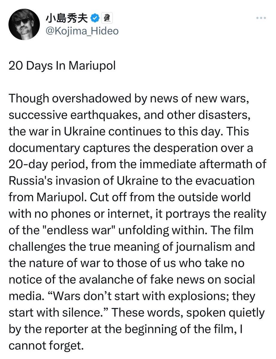 Hideo Kojima spoke about the documentary “20 days in Mariupol” and the war in Ukraine
