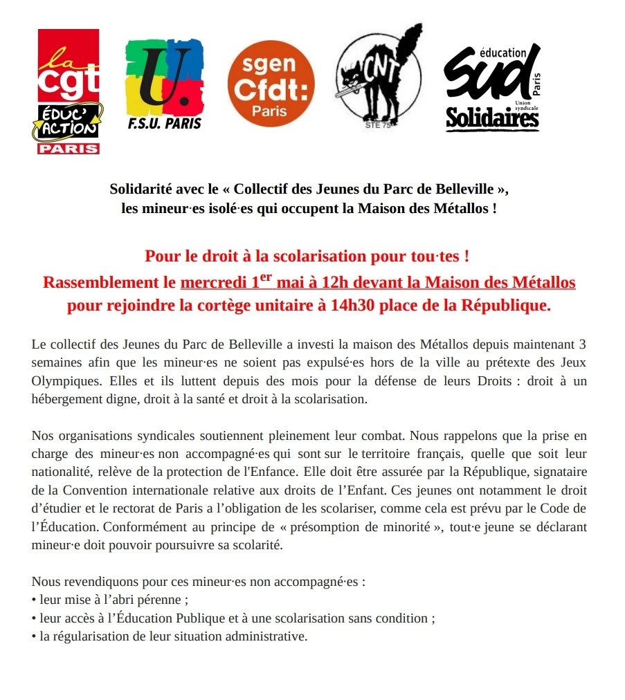 En solidarité avec le Collectif des Jeunes du Parc de Belleville, pour la scolarisation pour toutes et tous ! ➡️ Rassemblement le mercredi 1e mai à 12h devant la Maison des Métallos pour rejoindre le cortège unitaire à 14h30, place de la République.