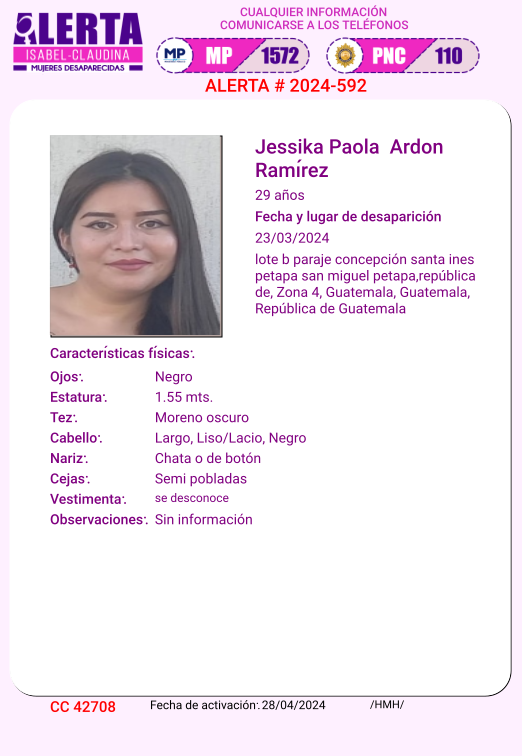 #AlertaIsabelClaudina 📷 Ayúdenos a encontrar a Jessika Paola Ardon Ramírez Desapareció el 23 de Marzo de 2024 Cualquier información comunicarse al teléfono 📷 1572 Gracias por difundir esta información📷