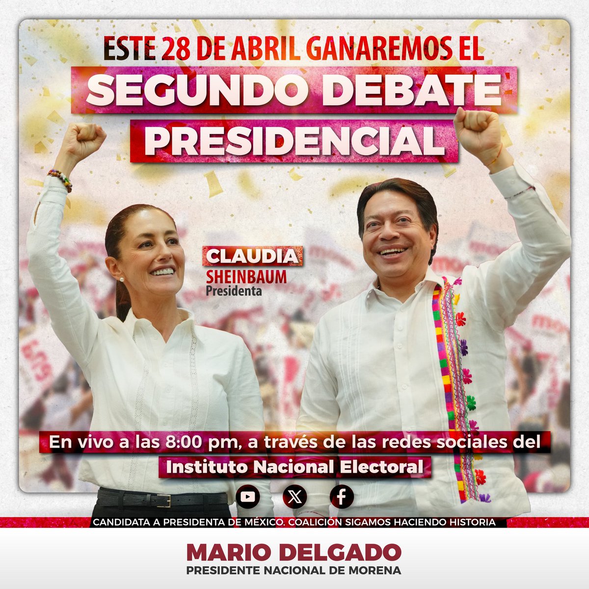 Mañana es el segundo debate, y ya estamos listas y listos para ganarlo.  ¡Acompáñanos en el camino al 2 de junio y juntos construyamos el segundo piso de la #CuartaTransformación! #ClaudiaPresidenta