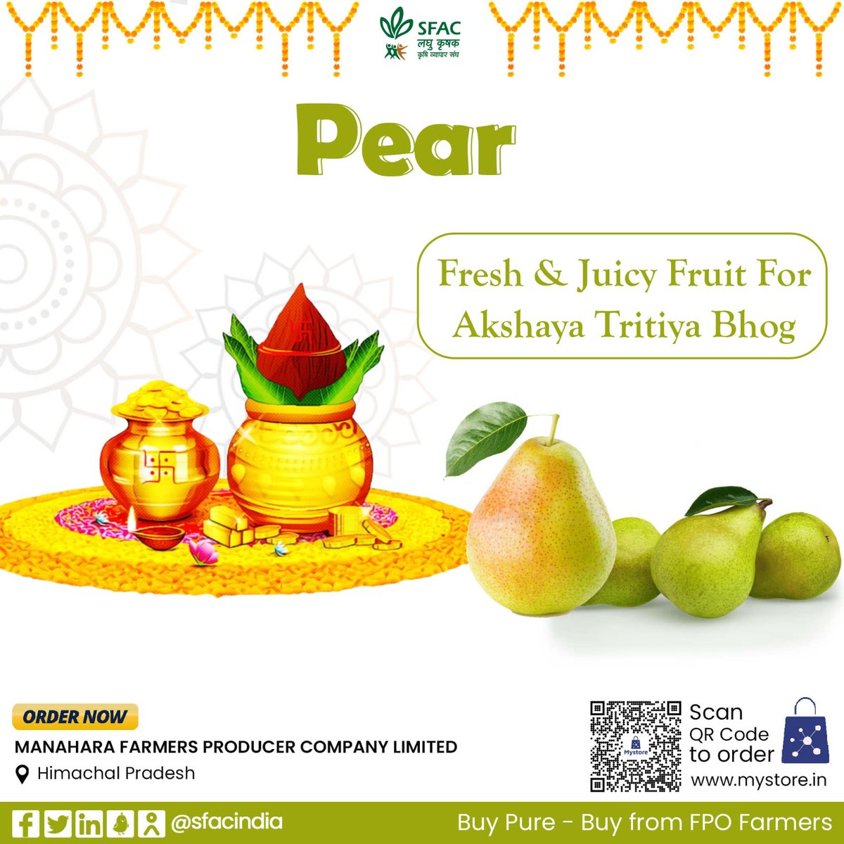 Offer fruits to Lord Vishnu on this Akshaya Tritiya. Please him with fresh & juicy pears from the gardens of Himachal Pradesh.

Buy from FPO farmers at👇

mystore.in/en/product/kul…

🪷

@AgriGoI @ONDC_Official @PIB_India @mygovindia #akshayatritiya2024 #VocalForLocal #HealthyHabits