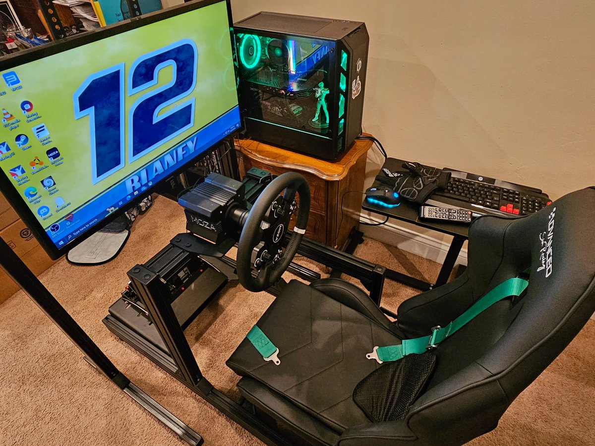 My new iRacing rig, which I'm still working on adjusting and finding my comfort zone with.

Advanced Sim Racing ASR3 + Vinyl Recliner seat + free standing single monitor stand.

Moza R9 direct drive wheelbase with CS V2P wheel.

Fanatec Clubsport V3 pedals.

#iRacing #Simracing