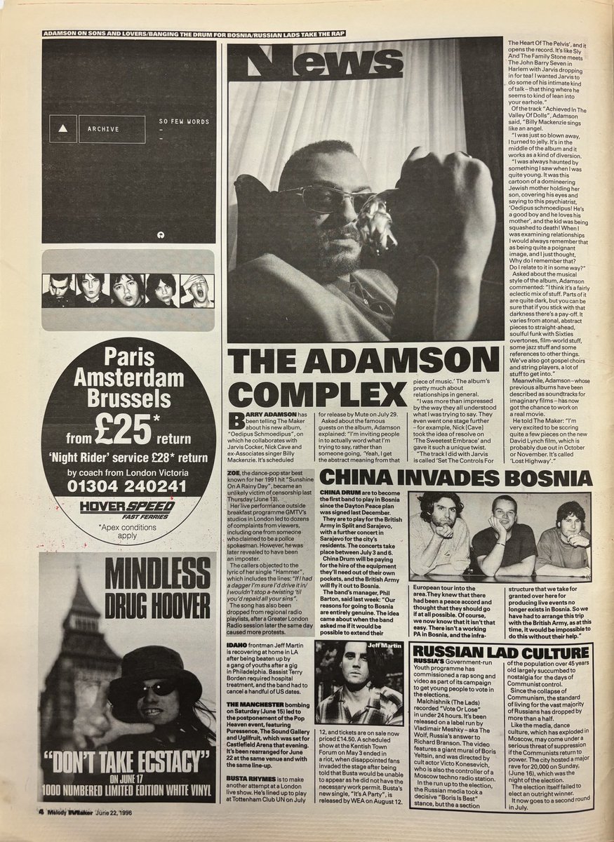 News! Barry Adamson on Oedipus Schmoedipus! China Drum for Bosnia! And more! Melody Maker, 22 June 1996. #MelodyMaker #MyLifeInTheUKMusicPress #1996