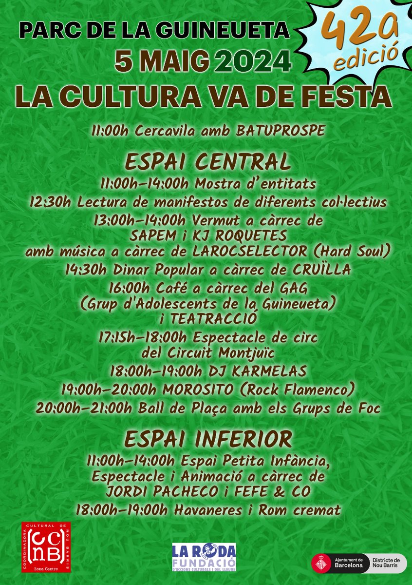 🦊 El dg. 5 de maig, a partir de les 11 h, #LaCulturaVaDeFesta, trobada anual del teixit associatiu de #NouBarris, torna al Parc de la Guineueta. Hi haurà mostra d'entitats, concerts, espectacles per a tots els públics, menjar i beguda a preus populars, i molt més!

No hi falteu!