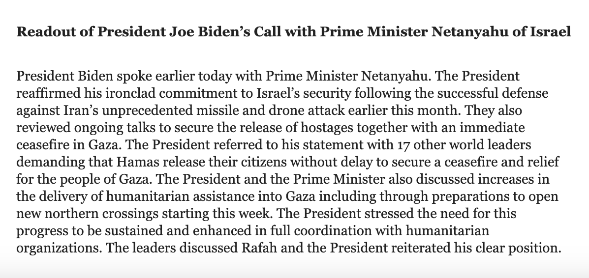 WH readout of Biden-Netanyahu call today