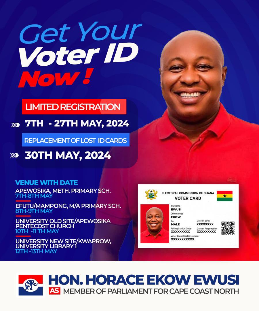 🇬🇭🇬🇭 The NPP Parliamentary Candidate for Cape Coast North, Hon. Horace Ekow Ewusi is reminding all persons to take advantage of the upcoming electoral exercise by the EC. 

Each vote counts, register and get counted!🇬🇭❤️🔥

#ekowewusi4capecoastnorth
#Mpontuwura
#TheGameChanger