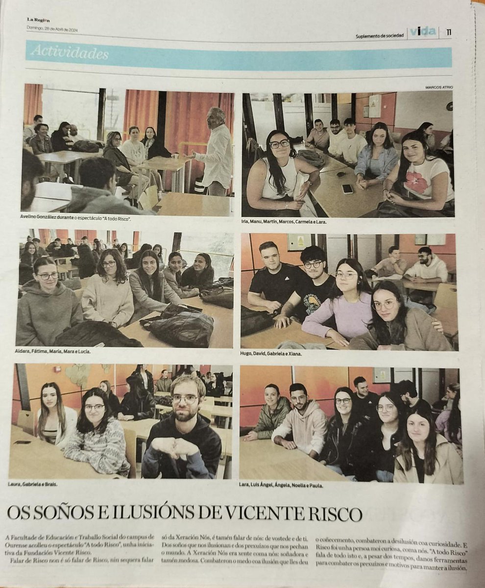 O suplemento Vida de @LaRegion publicou unha páxina sobre o espectáculo A todo Risco de @avelinogonzalez levado a cabo na Facultade de Educación e Traballo Social do Campus de Ourense da @uvigo @DeputacionOU @Xunta