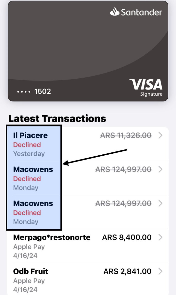@Santander_Ar ofrece ahora Apple Pay para sus tarjetas Visa.
Apple Pay tiene enormes ventajas (de seguridad) respecto de la tarjeta física.
Pero el servicio de Visa-Santander es un DE-SAS-TRE.
Pagos denegados SIN MOTIVO y nadie da solución. Así no sirve para nada.
@VisaArgentina
