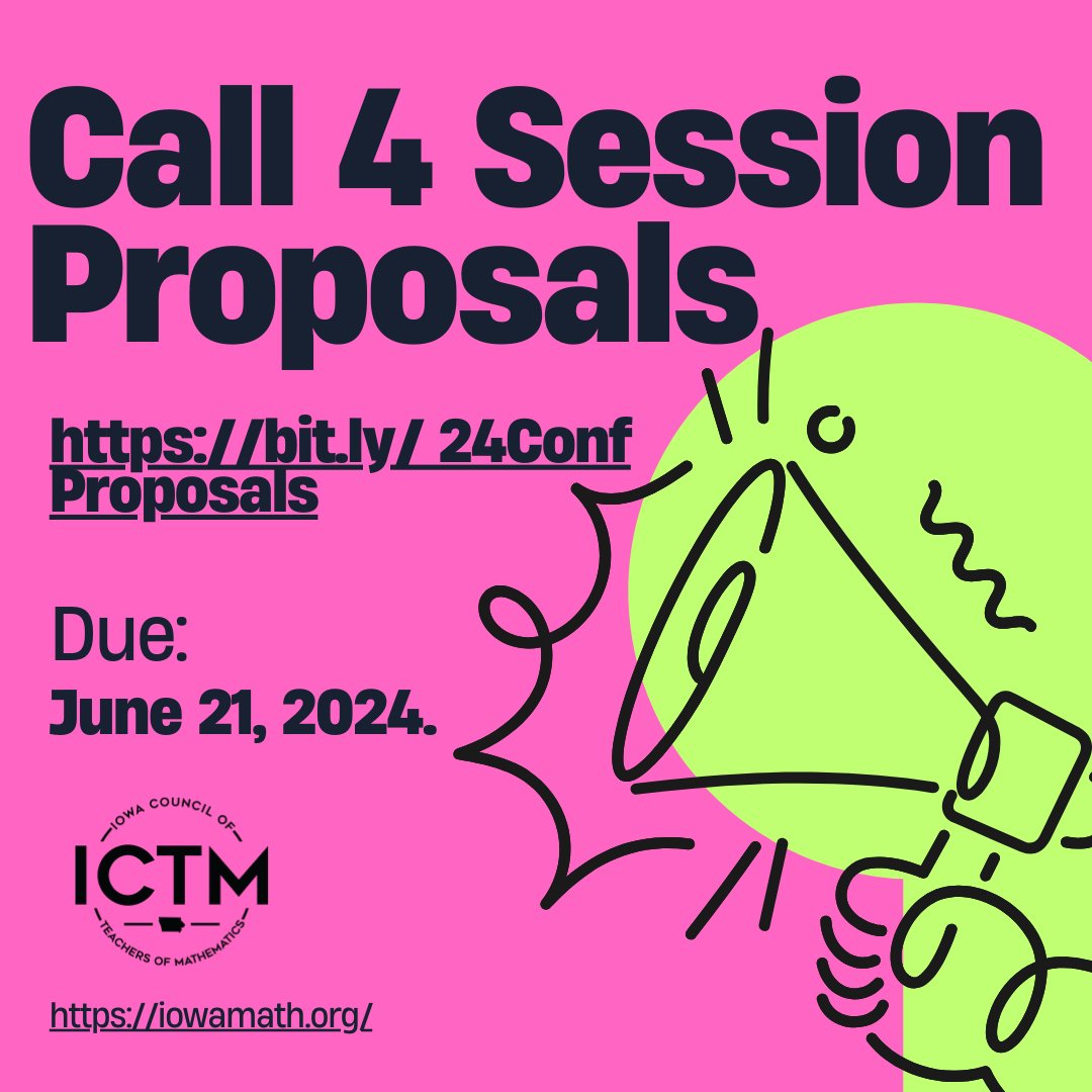 Calling all Iowa Math Educators! Share your knowledge with your colleagues at ICTM's Fall Conference - Submit a session proposal! The call for proposals is open now and will close on June 21, 2024. #iowamathteach #mathteach #elemmath #iteachmath #mtbos #mathcoach #iaedchat…
