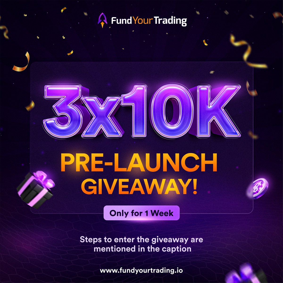 3 X $10,000 GIVEAWAY!🎁 Launch date announcing in just 2 days!🚀 In order to enter, follow the rules below; 1⃣Head over to our new website and sign up if you've not already - fundyourtrading.io 2⃣Like & Comment 3⃣Retweet this post Be quick! Giveaway only lasts 72 Hours