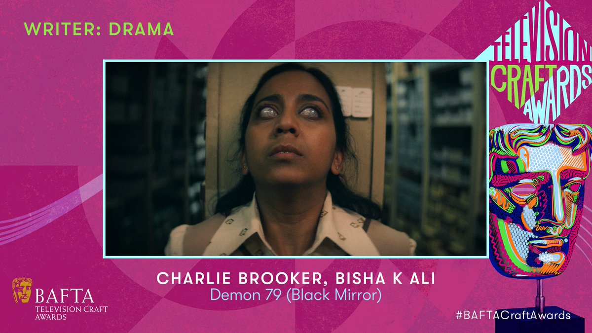 Winners of the Writer: Drama BAFTA are Charlie Brooker and Bisha K Ali for their work on Demon 79 (Black Mirror) 👏 #BAFTACraftAwards