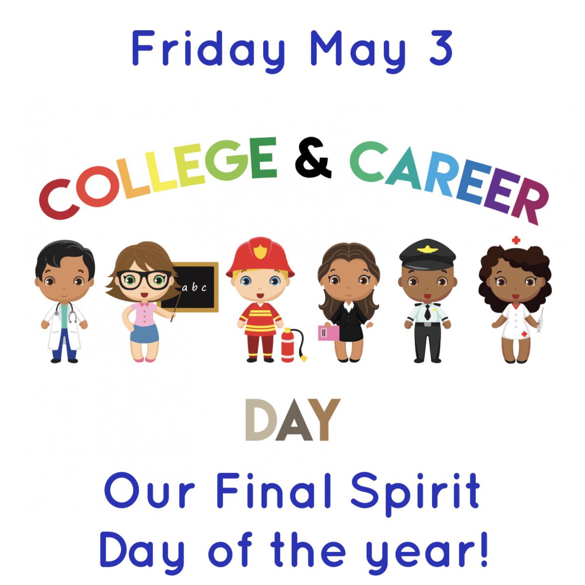 Check it out @EESpanthers this Friday May 3 is our last Spirit Day for the school year! Come dressed in your future career attire or represent your favorite college! #firstfriday #spiritday