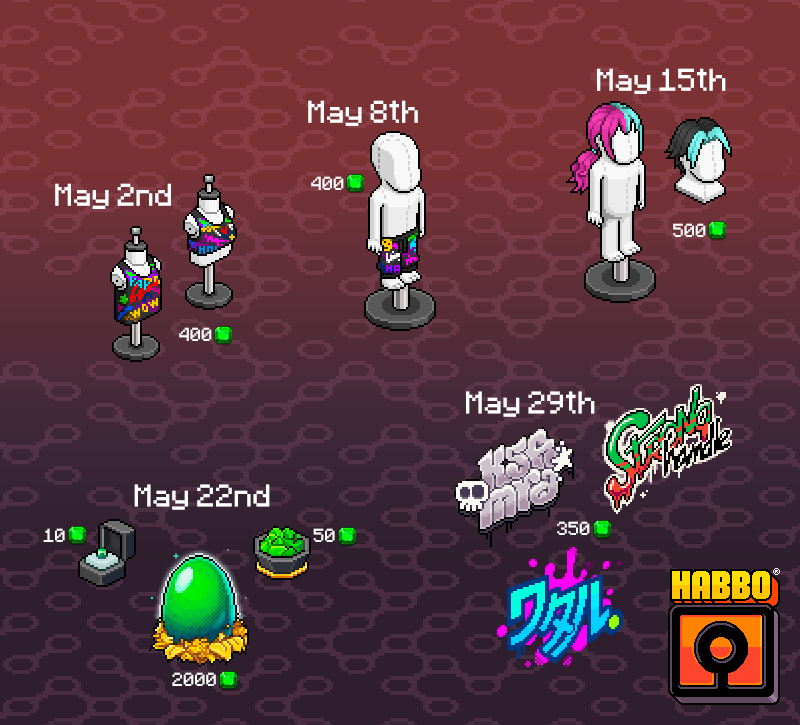 🛒 May's Collectibles Shop releases ⦿ May 2nd: Graffiti Tank Top and Graffiti Crop Vest (400 Emeralds each) ⦿ May 8th: Graffiti Joggers (400 Emeralds) ⦿ May 15th: Eboy Hair and Egirl Hair (500 Emeralds each) ⦿ May 22nd: Emerald Stone (10 Emeralds), Emerald Bowl (50