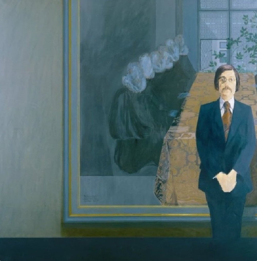 Bryan Organ's 1971 portrait of Sir Roy Strong, then director of the National Portrait Gallery, sees him standing in front of John de Critz's 'The Somerset House Conference,  1604,' which commemorates the peace treaty between England and Spain in 1604 which brought an end to a war