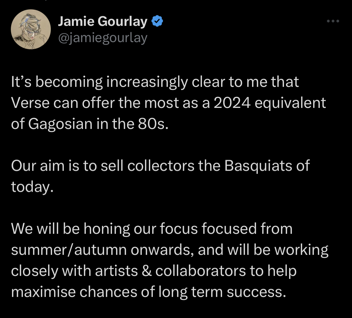 The importance of the gallery model I worded the below badly. I did not mean to say that Verse will be the next Gagosian - more that I believe we can bring the most value to the digital art space by pursuing the Gagosian model. Why? Some context... In my view, the NFT space