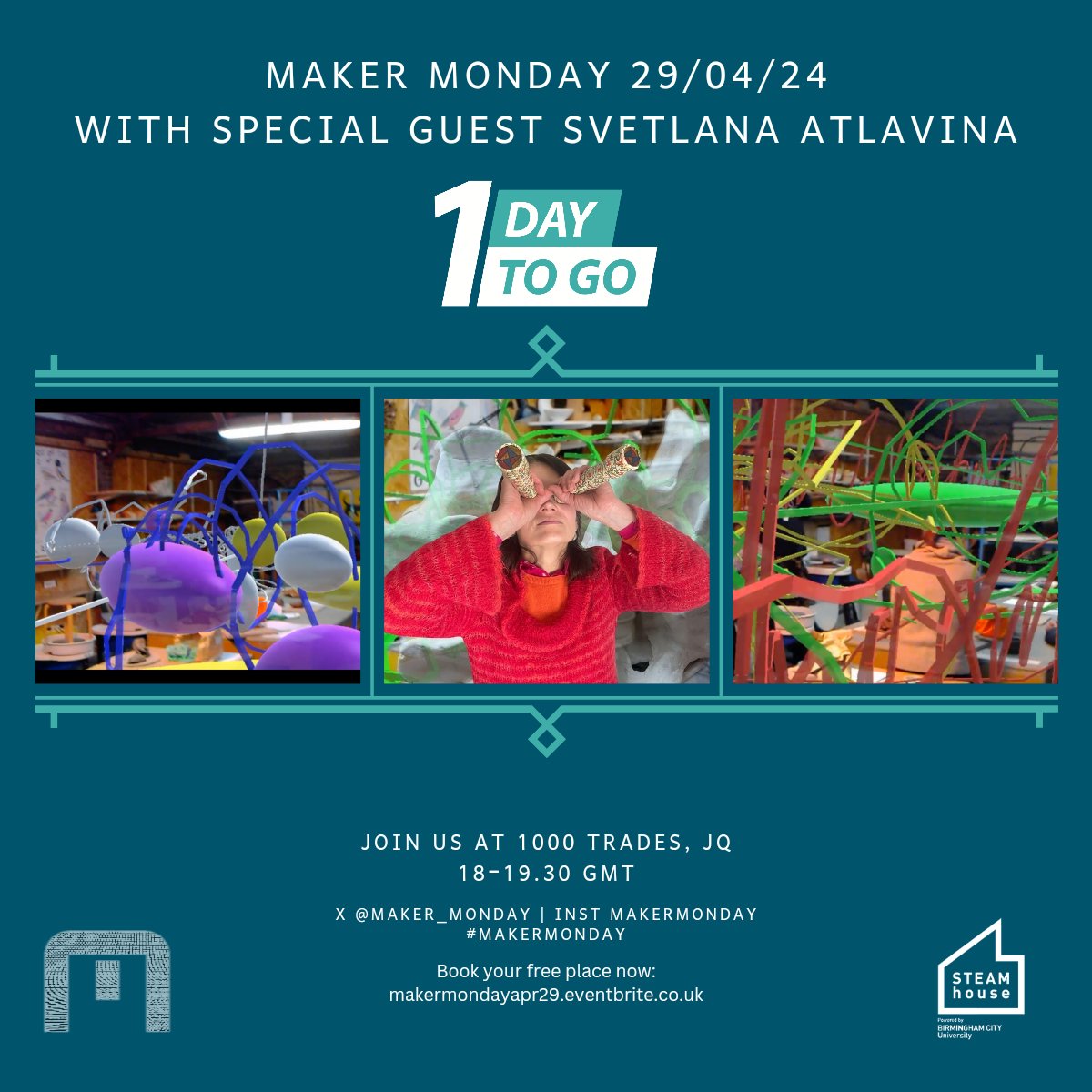 Hello #BrumHour. Tomorrow. Join us from 6pm for @maker_monday at the legendary @1000tradesjq. Join us on 29/04 from 6pm with special guest @satlavina #clay #ar #memories #childhood. Book - makermondayapr29.eventbrite.co.uk @steamhouseuk @myjq @bcugraduateplus