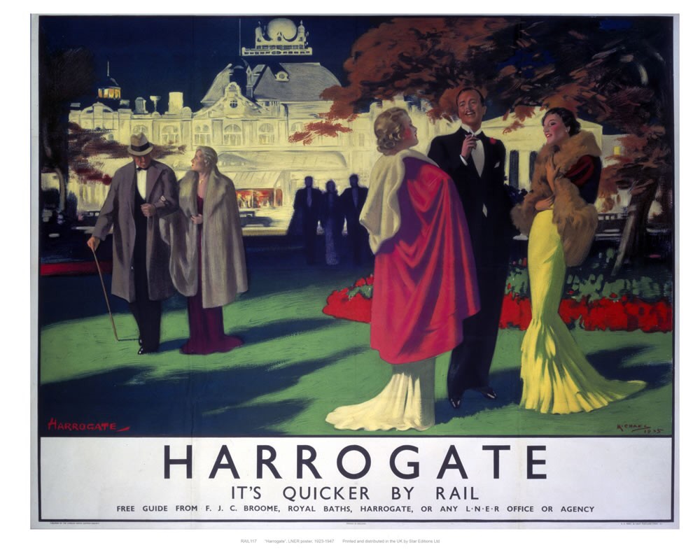 Stylish 1936 Railway poster of Harrogate designed by Arthur Cadwgan Michael (1881-1965) a painter and illustrator. His life story and particularly his private life makes an interesting read so to speak. The posters were obviously not aimed at the working class.