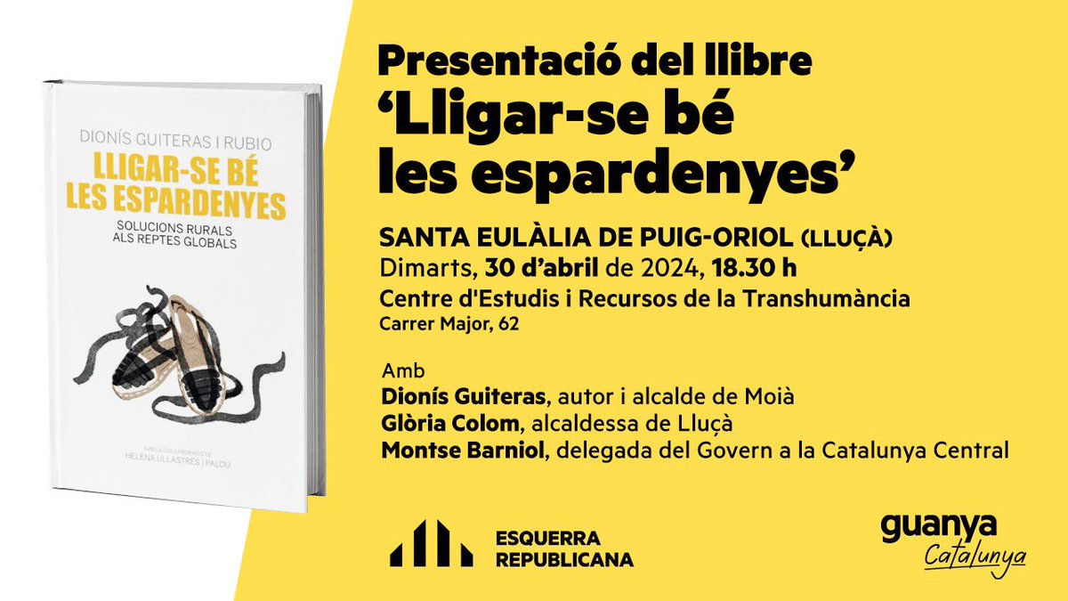 Aquest dimarts al vespre us animem a anar a Santa Eulàlia de Puig-oriol a la presentació del llibre “Lligar-se bé les espardenyes”

@Dionis7vetes #GlòriaColom @montsebarniol 

#GuanyaLluçanès #GuanyaCatalunya