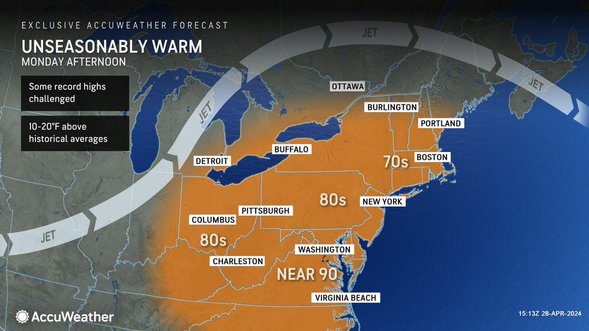 WEATHER: Sunday afternoon's @accuweather forecast

• Nice and warm for the rest of the afternoon with sunshine and some clouds.
• A thunderstorm in a few spots this evening; otherwise, warm tonight.
• Big warmup tomorrow, feeling more like summer with highs in the 80s!