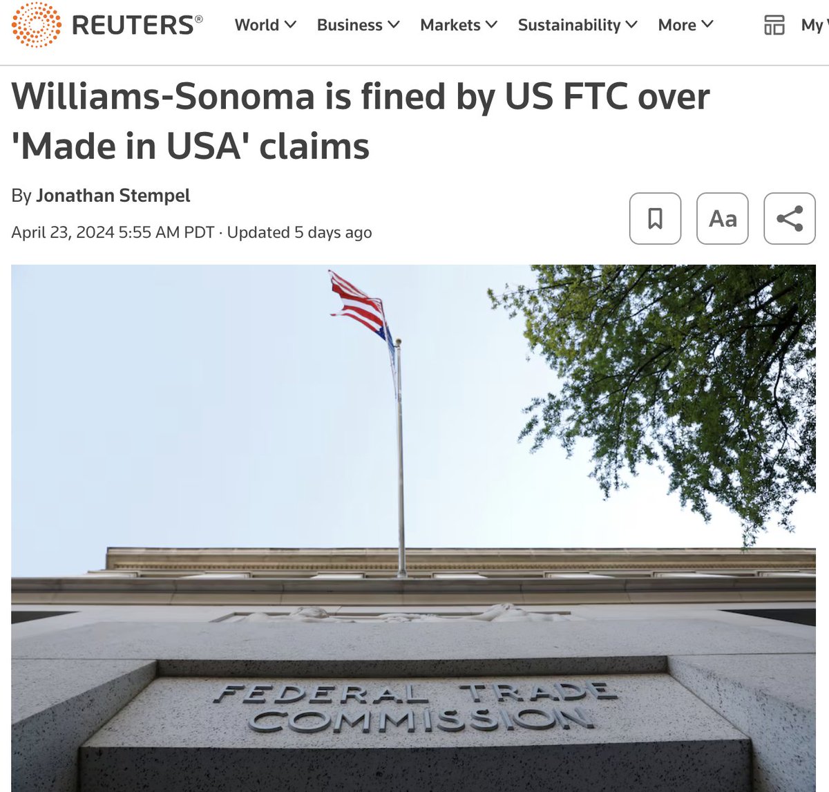 Williams-Sonoma claimed that products were 'crafted in America from domestic and imported materials' when in fact they were wholly imported from China. They previously got fined for the same thing in 2020.