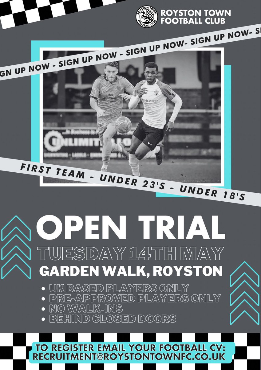 💥 Royston Town FC Open Trial Opportunities at 1st team (Step 3), 23s (Step 6) and u18s available. Please send Playing CVs to recruitment@roystontownfc.co.uk You must be registered and approved to attend 📣
