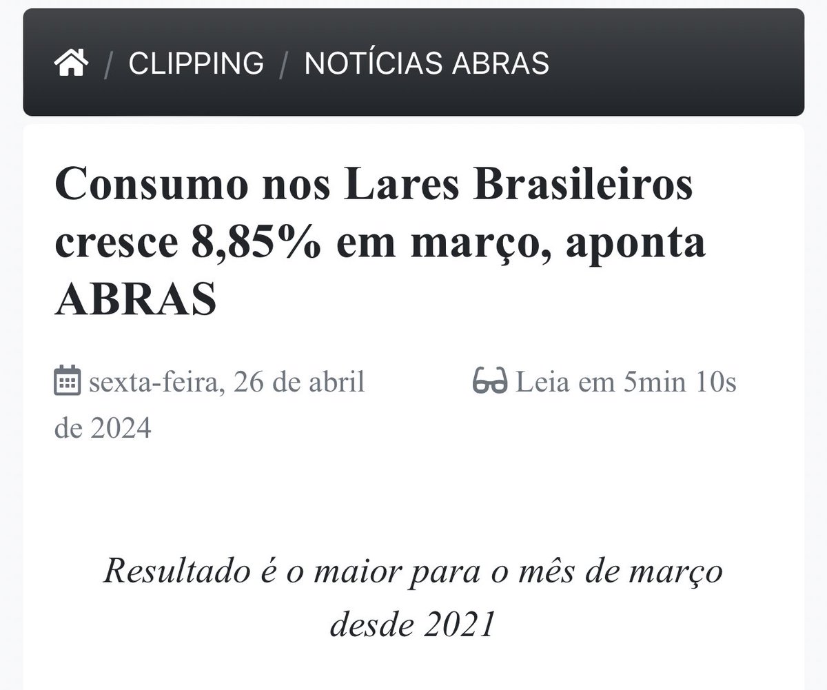 EFEITO LULA: Consumo nos lares Brasileiros dispara em março e atinge maior alta desde 2021 Fonte: ABRAS - Associação Brasileira de Supermercados