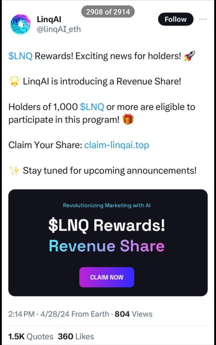 SCAM ALERT 🚨 $LNQ Dear Holders, - We are not doing any giveaways. - please check the account tag @linq_ai - If in doubt ask in the social channels