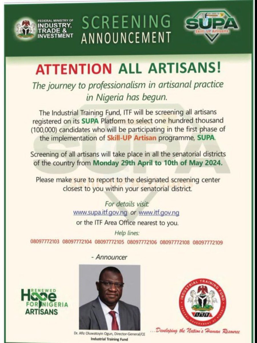 Tell someone and someone especially artisans that FG not Tinubu via @ITFNigeria will be screening all artisans registered on its SUPA platform to select 100,000 candidates. 2: screening of all artisans will take place in all the Senatorial Districts from Monday 29th April to…
