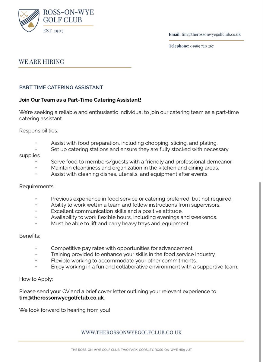 We are hiring ..!!! 

Part time Catering Assistant ✅👨🏼‍🍳🧑‍🍳

Great opportunity to join #teamROWGC 

#jobsingolf #jobs