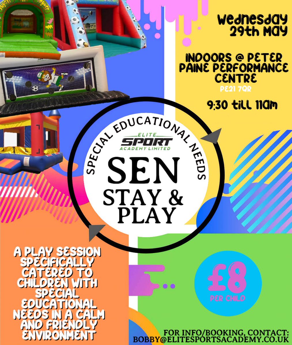 🌟SEN Stay and Play🌟 Back by Popular Demand This May Half Term 💚 📍 Wednesday 29th May - Peter Paine, Boston ⏱️ 9.30am - 11.am We are excited to host such an amazing event 💚 Bouncy castles, Inflatable Fun & more 😀 📧 Bobby@elitesportsacademy.co.uk