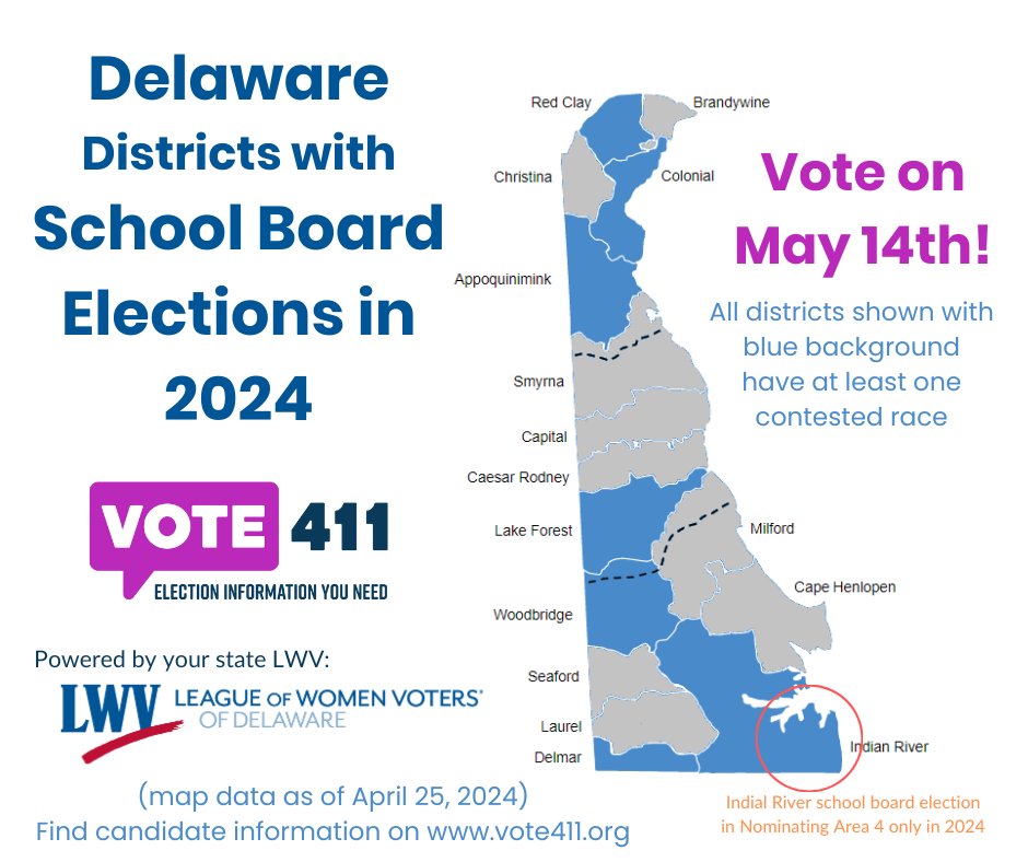 Due to a candidate withdrawal on April 25, Christina district no longer has a school board election in 2024. Here's the updated map of Delaware districts holding school board elections on May 14, 2024. #SchoolBoardsMatter #VOTE411 #DelawareVotes