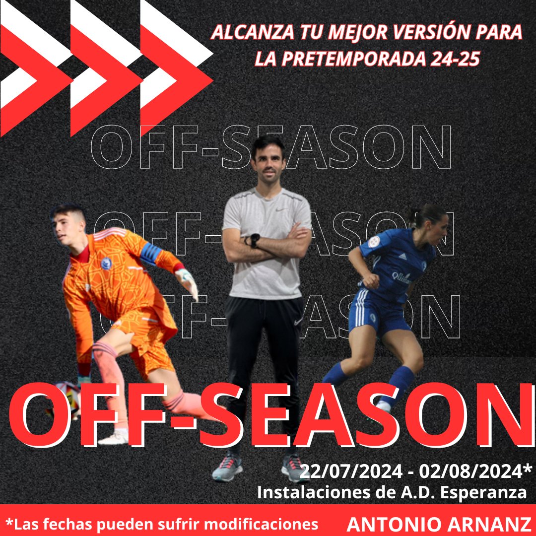 ⚽️🚀OFF-SEASON🚀⚽️
Ya no vale con prepararse en pretemporada para la competición. Ahora la competición empieza el 1º día de pretemporada.
Evaluaciones y test 📊
Entrenamientos en campo y gimnasio por posición, categoría y edad 🎯
Si estás interesado, no dudes en escribirme 📩