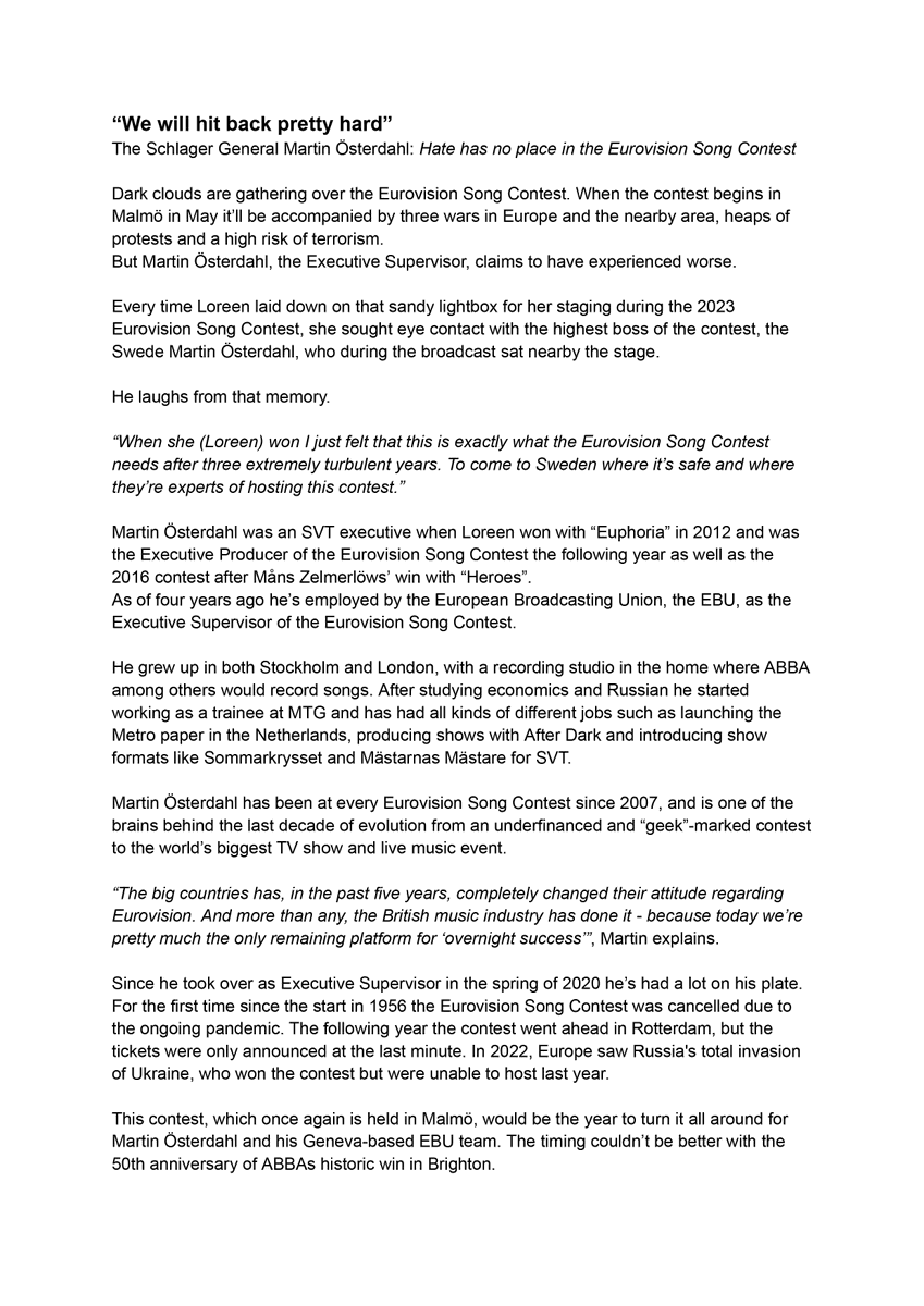 vDanDesign's tweet photo. Martin Österdahl just did a big interview with Dagens Industri/DI, talking about the situation with #Eurovision and Israel, Russia and his career which got him to where he is today. I translated it.
(1/2) https://t.co/nQ85vENfGH
