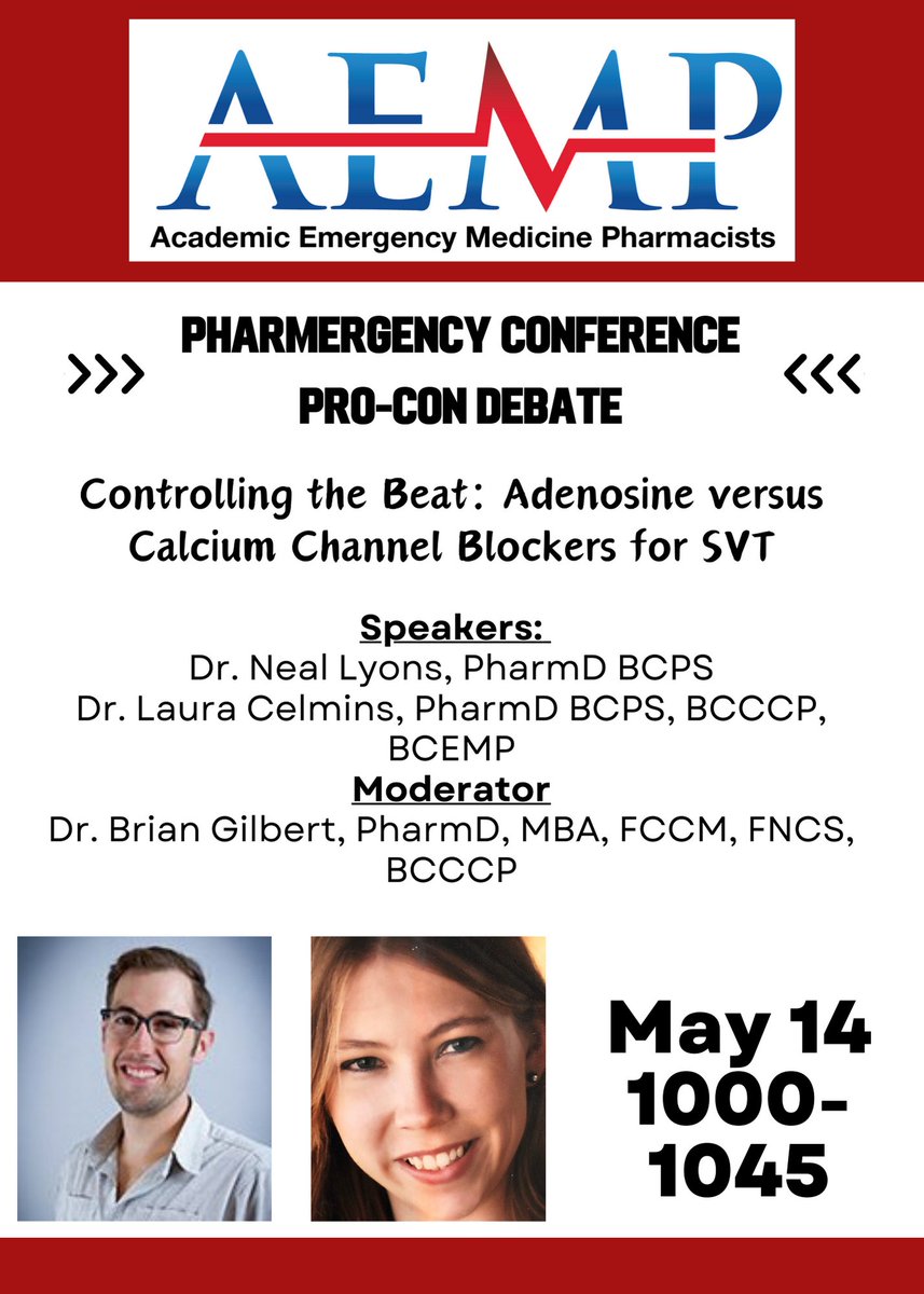 🚑 Our first Pro/Con debate will be discussing CCB v Adenosine for SVT. ⚡️Drs. Neal Lyons and Laura Celmins will help us decide what drug we need to use for broken hearts💔. #AEMP24 #EMRx @EMToxRx @GilbertPharmD @CBthePHARMD @MeganARech @SAEMonline