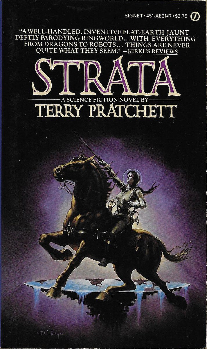 Terry Pratchett was born on this day, so here's some of the cover art for his books (Artist: Josh Kirby, Marc Simonetti, Marc Simonetti and Ken Kelly). The 1st is Kirby's artwork for 'Strata':