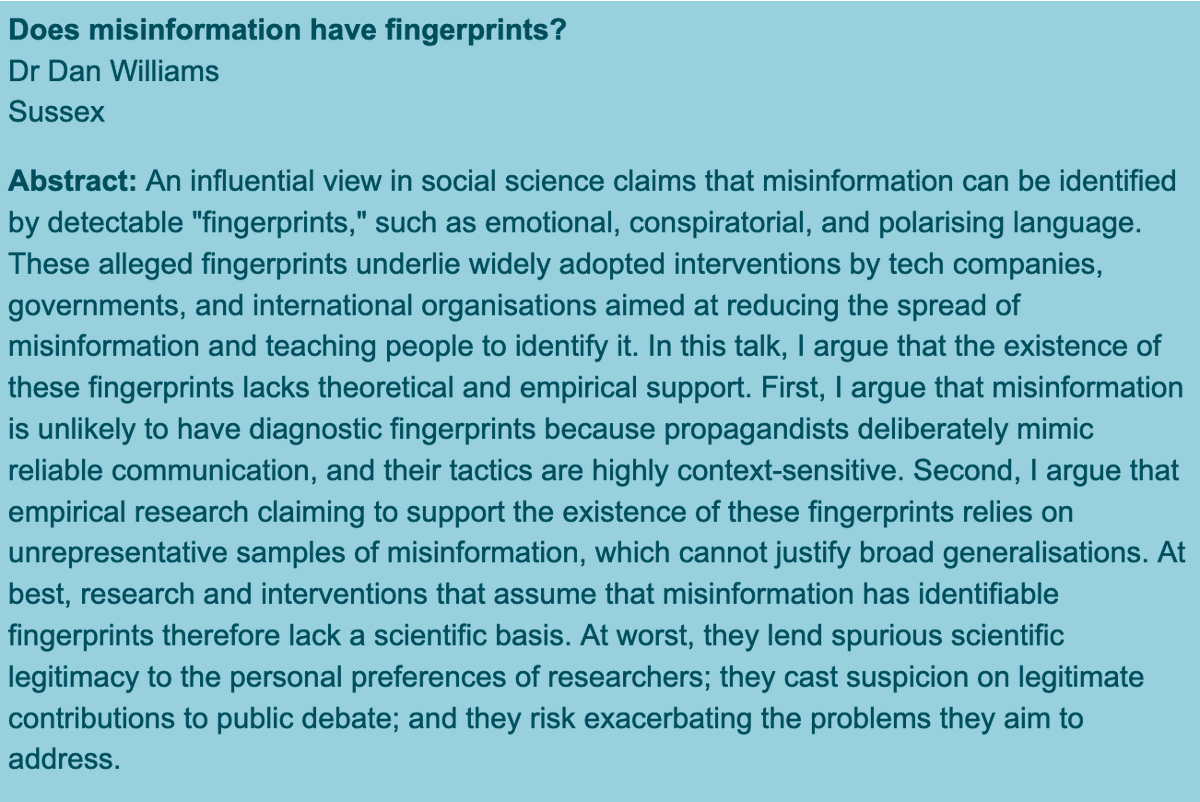 Of all the things I've argued on the topic of misinformation, the thing that gets the most pushback is my scepticism it has simple "fingerprints" that people can learn to identify. If you're in Sussex I'll be talking about this on Tuesday 👇 <a href="/SussexCOGS/">Sussex COGS</a> sussex.ac.uk/cogs/seminars