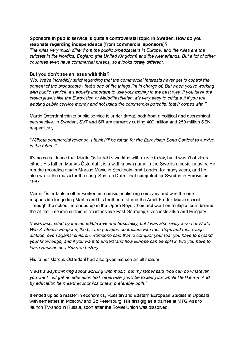 Martin Österdahl just did a big interview with Dagens Industri/DI, talking about the situation with #Eurovision and Israel, Russia and his career which got him to where he is today. I translated it.
(1/2)