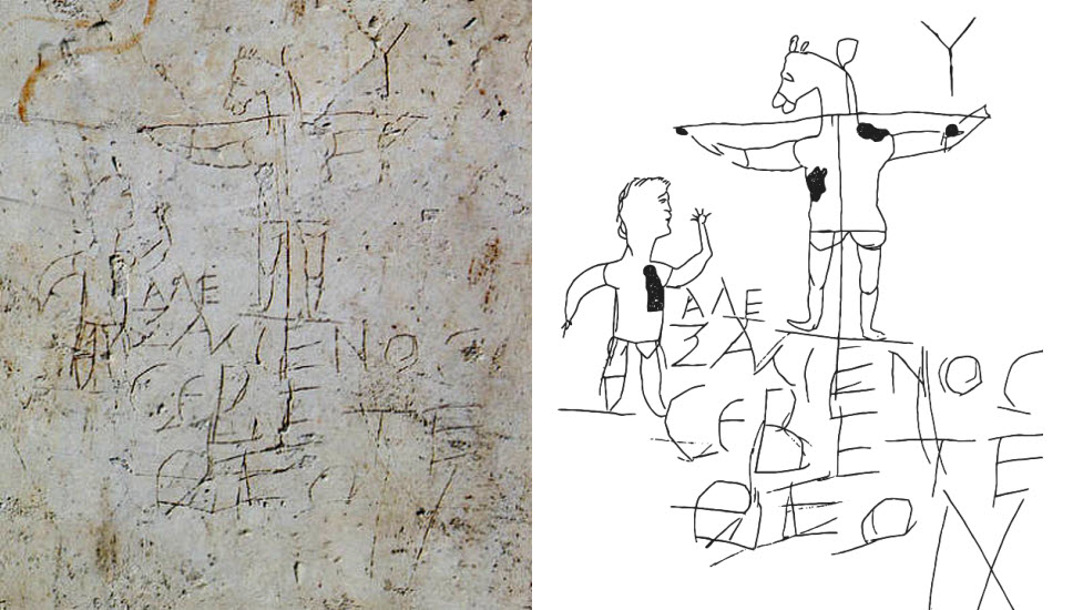 This is known as the Alexamenos graffito, a drawing of the crucifixion of Christ that dates back to somewhere between the 1st and 2nd centuries.  It was intended to mock a Christian named Alexamenos for worshiping Jesus. It's a depiction of Christ with the head of a donkey…