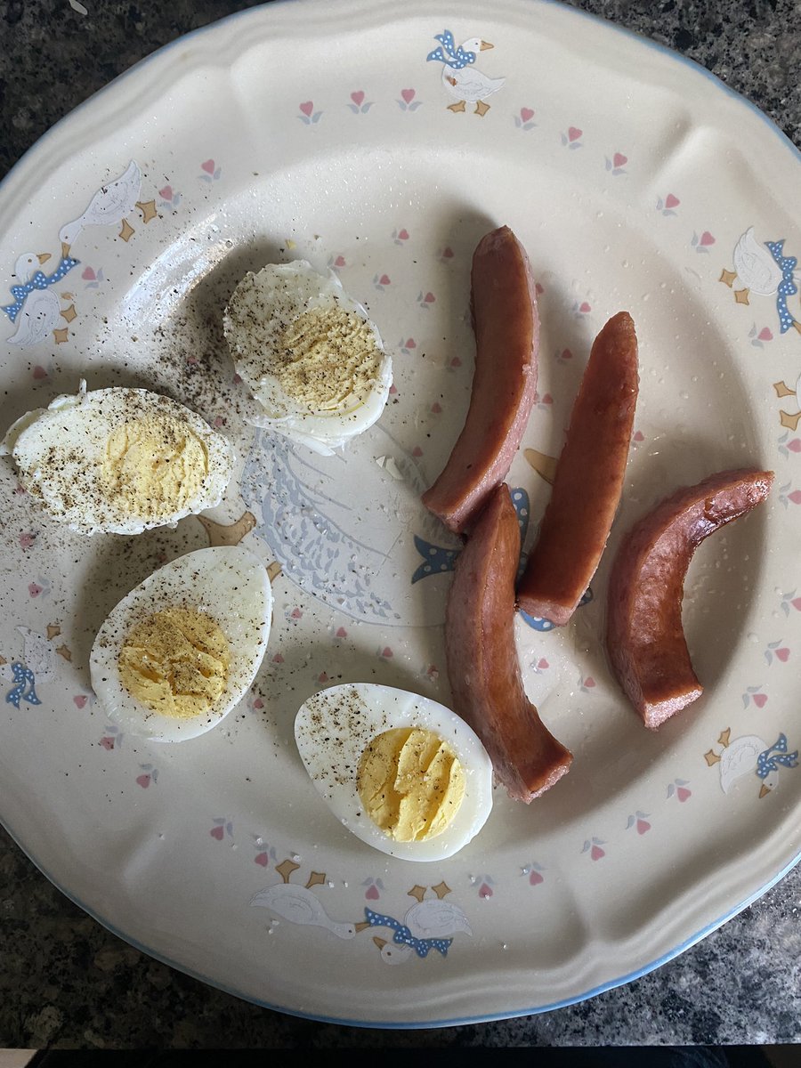 197 cals ; two hardboiled eggs with small half of a polska kielbasa sausage